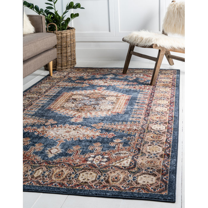 Three Posts™ Vern Oriental Power Loom Dark Blue/Brown Area Rug